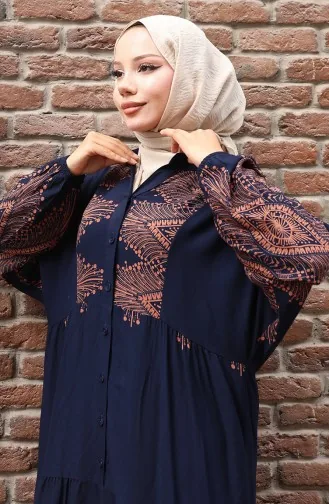 Yarım Düğmeli Uzun Patlı Elbise 5579-01 Lacivert