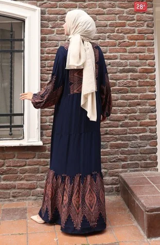 Yarım Düğmeli Uzun Patlı Elbise 5579-01 Lacivert