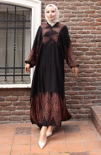 Yarım Düğmeli Uzun Patlı Elbise 5579-02 Siyah