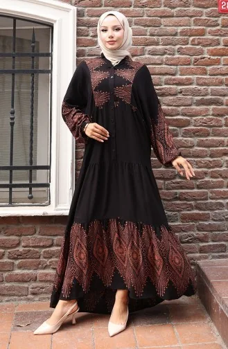 Yarım Düğmeli Uzun Patlı Elbise 5579-02 Siyah