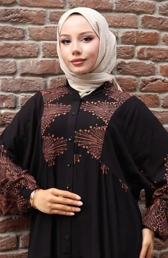 Yarım Düğmeli Uzun Patlı Elbise 5579-02 Siyah