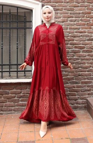 Yarım Düğmeli Uzun Patlı Elbise 5579-03 Bordo