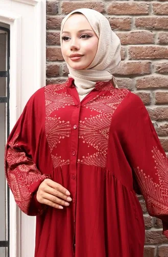 Yarım Düğmeli Uzun Patlı Elbise 5579-03 Bordo