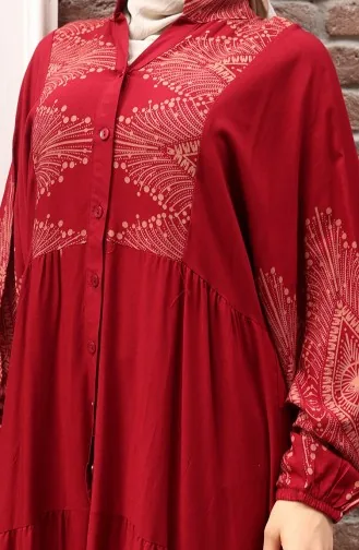 Yarım Düğmeli Uzun Patlı Elbise 5579-03 Bordo