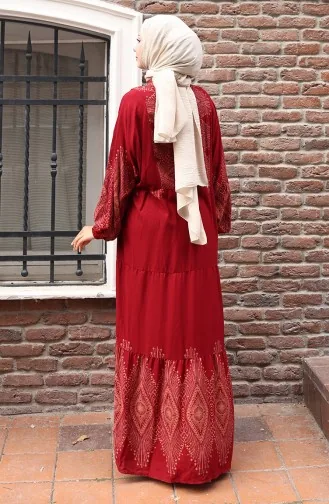 Yarım Düğmeli Uzun Patlı Elbise 5579-03 Bordo