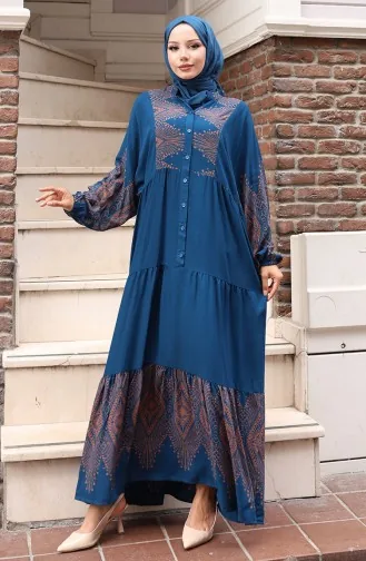 Yarım Düğmeli Uzun Patlı Elbise 5579-04 Petrol