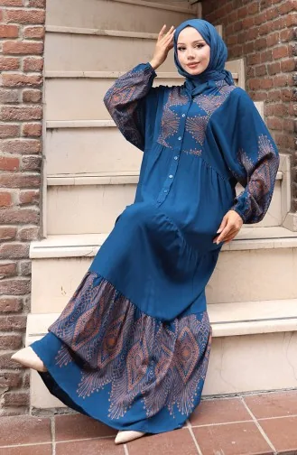 Yarım Düğmeli Uzun Patlı Elbise 5579-04 Petrol