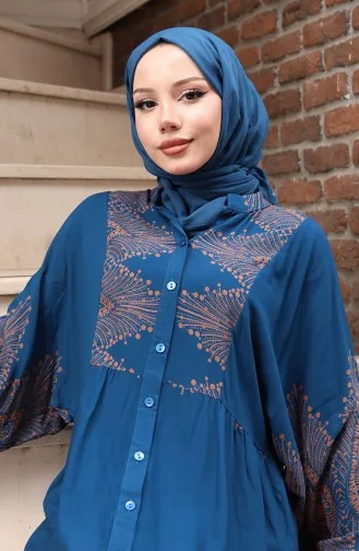 Yarım Düğmeli Uzun Patlı Elbise 5579-04 Petrol