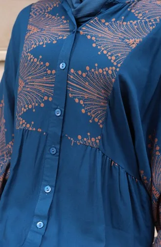 Yarım Düğmeli Uzun Patlı Elbise 5579-04 Petrol