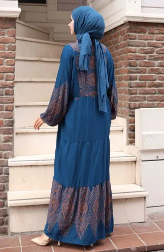 Yarım Düğmeli Uzun Patlı Elbise 5579-04 Petrol