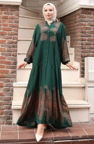 Half Buttoned Long Plaid Dress 5579-05 Emerald Green 5579-05