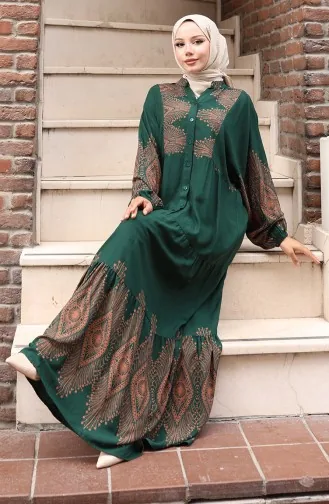 Half Buttoned Long Plaid Dress 5579-05 Emerald Green 5579-05