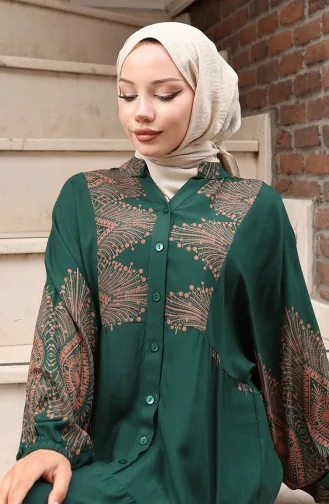 Half Buttoned Long Plaid Dress 5579-05 Emerald Green 5579-05