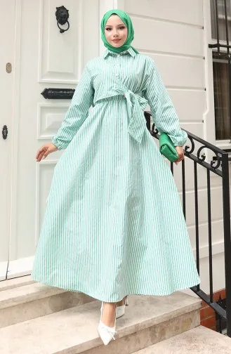Terikoton Jurk Met Riem Aan De Zijkant 0099-01 Groen 0099-01