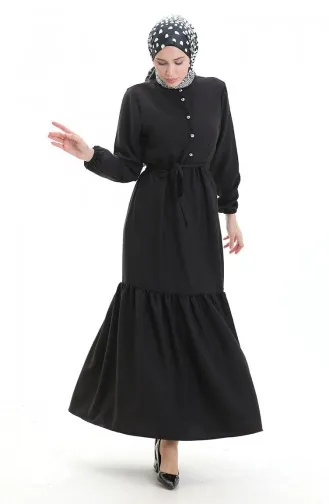 Elastic Sleeve Buttoned Dress 0104-04 Black 0104-04