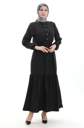 Elastic Sleeve Buttoned Dress 0104-04 Black 0104-04