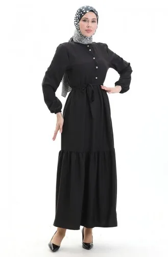 Elastic Sleeve Buttoned Dress 0104-04 Black 0104-04