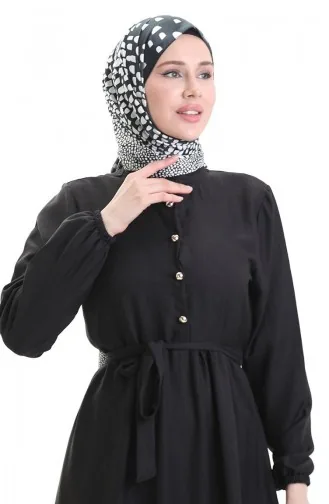 Elastic Sleeve Buttoned Dress 0104-04 Black 0104-04