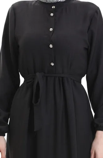 Elastic Sleeve Buttoned Dress 0104-04 Black 0104-04