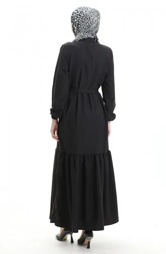 Elastic Sleeve Buttoned Dress 0104-04 Black 0104-04