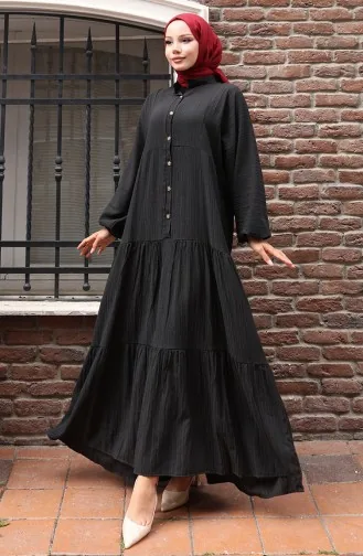 Half Buttoned Elastic Sleeve Dress 2074-03 Black 2074-03