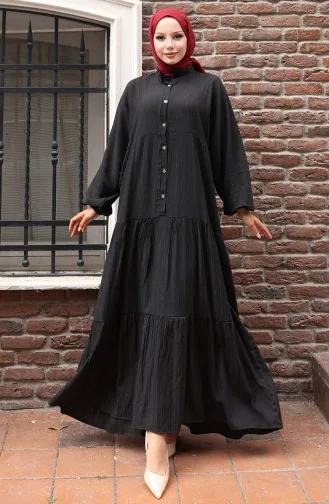 Half Buttoned Elastic Sleeve Dress 2074-03 Black 2074-03