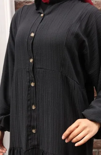 Half Buttoned Elastic Sleeve Dress 2074-03 Black 2074-03