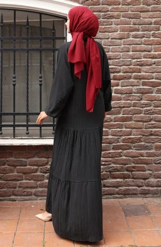 Half Buttoned Elastic Sleeve Dress 2074-03 Black 2074-03