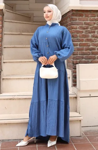 Half-Buttoned Elastic Sleeve Dress 2074-04 Indigo 2074-04