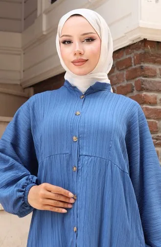 Half-Buttoned Elastic Sleeve Dress 2074-04 Indigo 2074-04