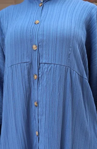 Half-Buttoned Elastic Sleeve Dress 2074-04 Indigo 2074-04