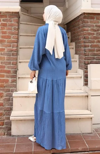 Half-Buttoned Elastic Sleeve Dress 2074-04 Indigo 2074-04