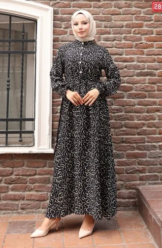 فستان منقوش بخصر مربوط 2079-01 أسود كريمي 2079-01