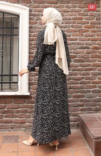 فستان منقوش بخصر مربوط 2079-01 أسود كريمي 2079-01