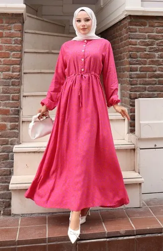 فستان منقوش بخصر مربوط 2079-02 فوشيا 2079-02