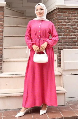 فستان منقوش بخصر مربوط 2079-02 فوشيا 2079-02