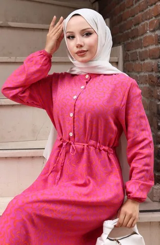 فستان منقوش بخصر مربوط 2079-02 فوشيا 2079-02