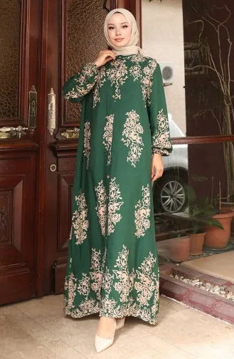 Buttoned Patterned Dress 2080-01 Emerald Green 2080-01
