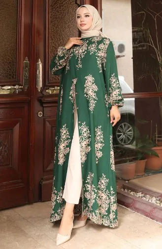 Buttoned Patterned Dress 2080-01 Emerald Green 2080-01