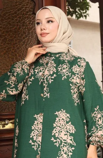 Buttoned Patterned Dress 2080-01 Emerald Green 2080-01