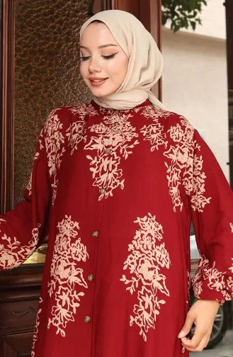 فستان منقوش بأزرار 2080-02 أحمر قرمزي 2080-02