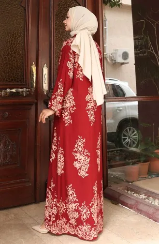 فستان منقوش بأزرار 2080-02 أحمر قرمزي 2080-02