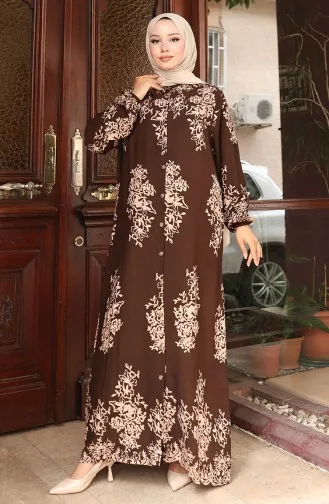 Buttoned Patterned Dress 2080-04 Brown 2080-04