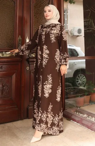 Buttoned Patterned Dress 2080-04 Brown 2080-04