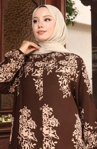 Buttoned Patterned Dress 2080-04 Brown 2080-04