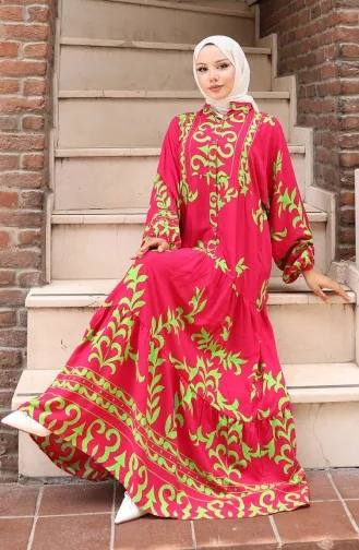 Robe Demi-boutonnée En Tissu Viscose 2081-01 Vert Fuchsia 2081-01