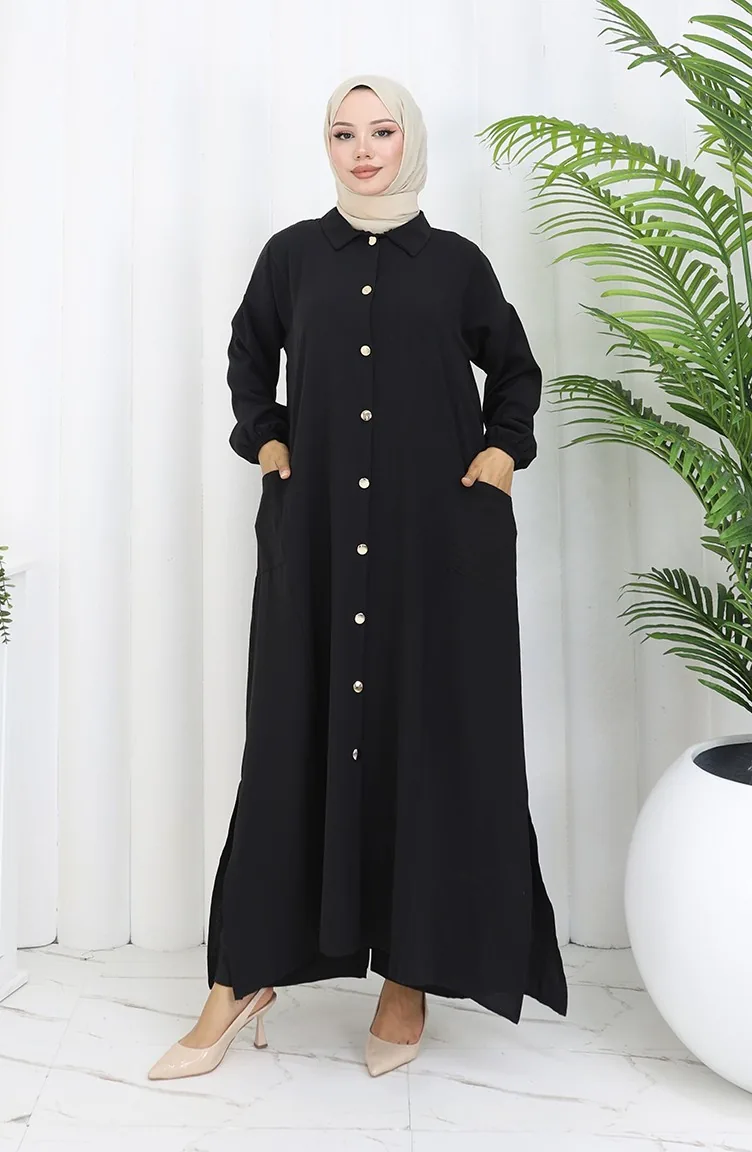 Zweiteiliger Anzug Mit Tunika-Hose Zum Aufknöpfen 0097-09 Schwarz 0097-09