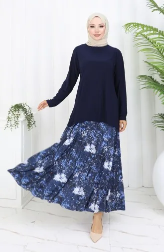 Sandy Fabric Tunic Skirt Two Piece Suit 2073-01 Navy Blue 2073-01