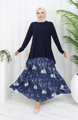 Sandy Fabric Tunic Skirt Two Piece Suit 2073-01 Navy Blue 2073-01