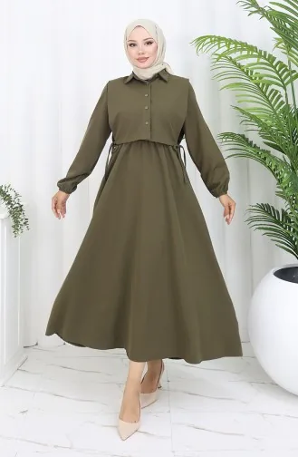 Gömlek Yaka Bolera Detaylı Elbise 81898-05 Haki Yeşil